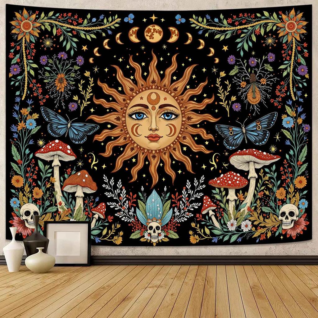 Vintage Mystical Tapestry, Golden Sun With Floral Border And Butterflies On Black Starry Background Wall Art For Aesthetic Room