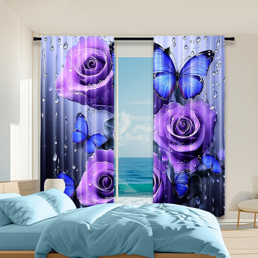 2Pcs Purple Rose Floral Print Curtains Artistic Decor For Bedroom And Living Room Polyester Rod Hole Machine Washable