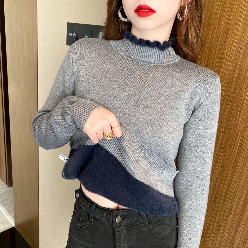 Winter Female Plush Sweater Women Half High Collar Long Sleeved Thickened Velvet To Keep Warm Knitwear Lady Versatile Solid Color Basic Pullover