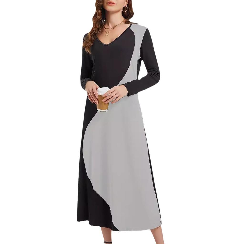Spring and Autumn Women's Collision Splicing V-neck Long-sleeved Dress Temperament and Elegance Dress