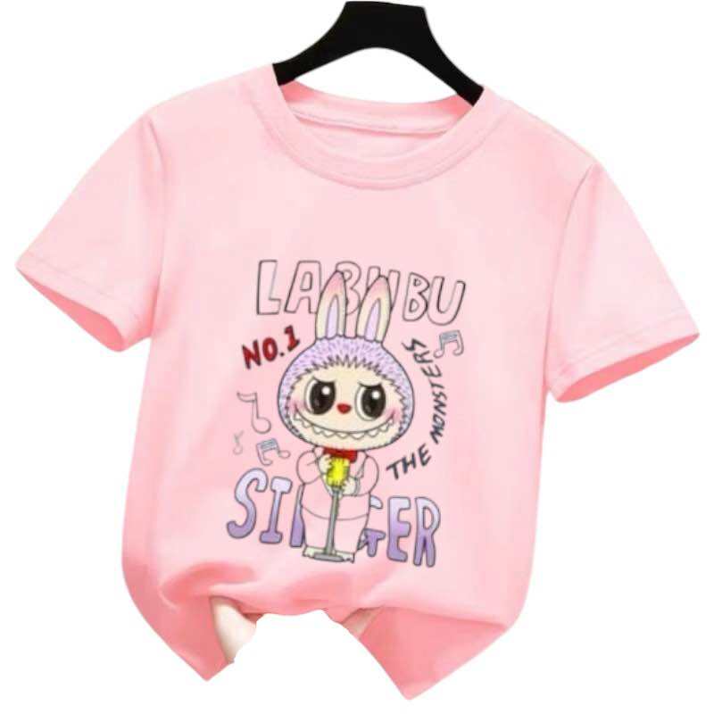 New Labubu Children's T-shirt Scarf Musician LABUBU Pattern Girl Round Neck Short Sleeve Casual Versatile Clothing