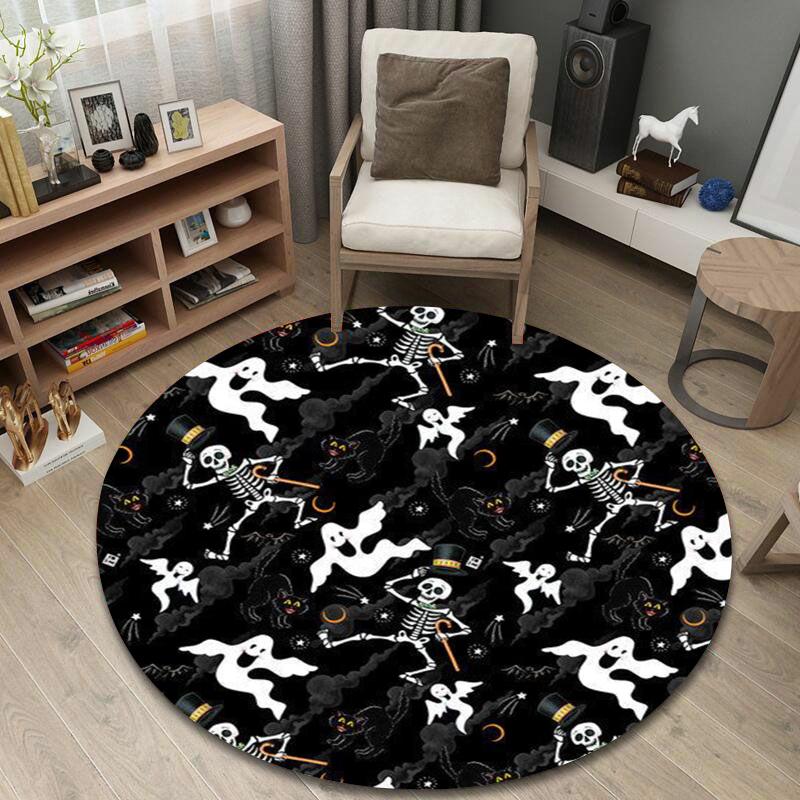Round Area Rug Halloween Dancing Skeleton Ghost Black Cat Spooky Man Cave Decor