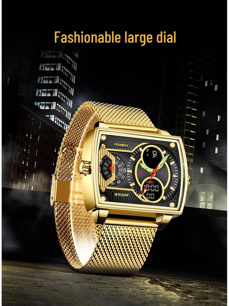 Men's Fashionable Square Dual Display Quartz Watch for Students with Large Dial