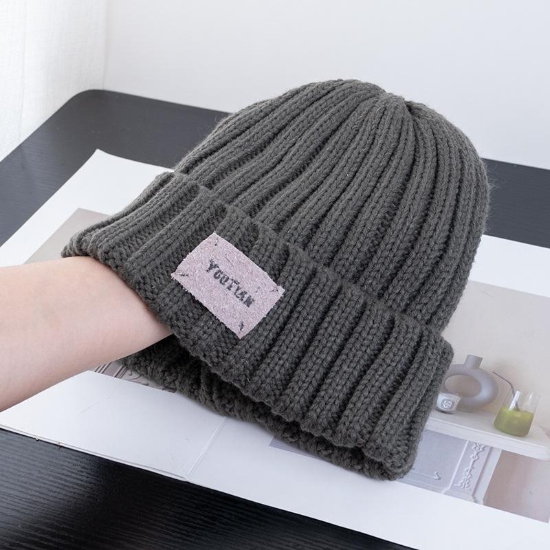 Pălărie cu etichetă din piele de epocă, șepci de toamnă și iarnă pentru femei, pălării din fire tricotate cu dungi calde