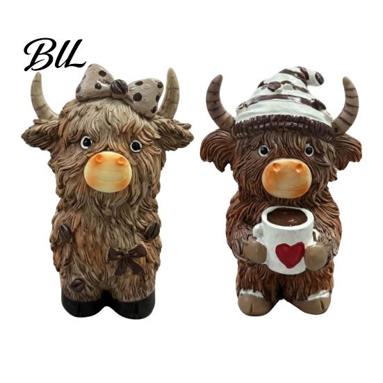 Highland Cow Ornaments Figurine, Resin Coffee Statue for Farmhouse Home Decor, Artistic New Housewarming Presents Country Style Tabletop Ornament