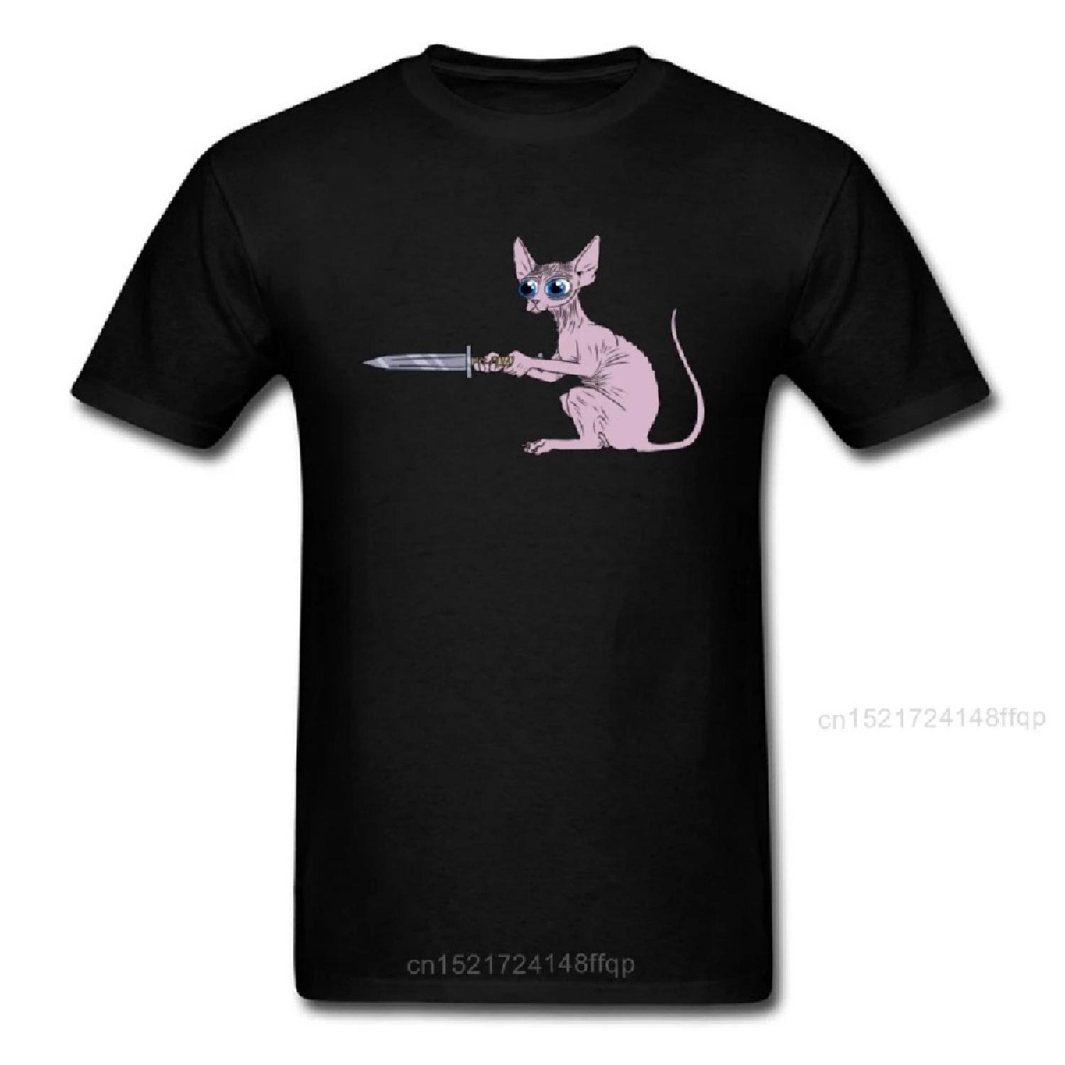 

Creative Design Sphynx Swordsman Black T-shirt Canadian Hairless Cat Print Cartoon Tops Men Short Sleeve Fun Tee Shirt S