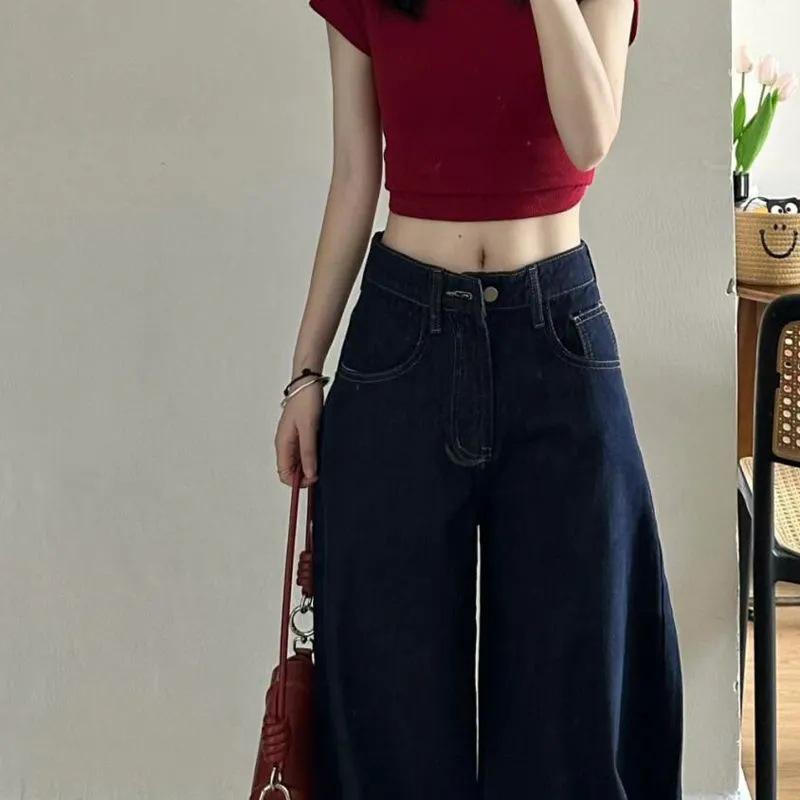 Petite Women's Retro Dark Blue Wide-Leg Jeans - Loose, Slimming, Floor-Length Trousers