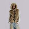 Womens Retro Streetwear Faux Fur Coat With Metal Buttons Warm Thick Winter Outerwear Round Neck Long Sleeve