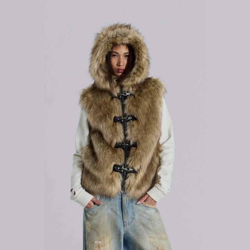 Womens Retro Streetwear Faux Fur Coat With Metal Buttons Warm Thick Winter Outerwear Round Neck Long Sleeve