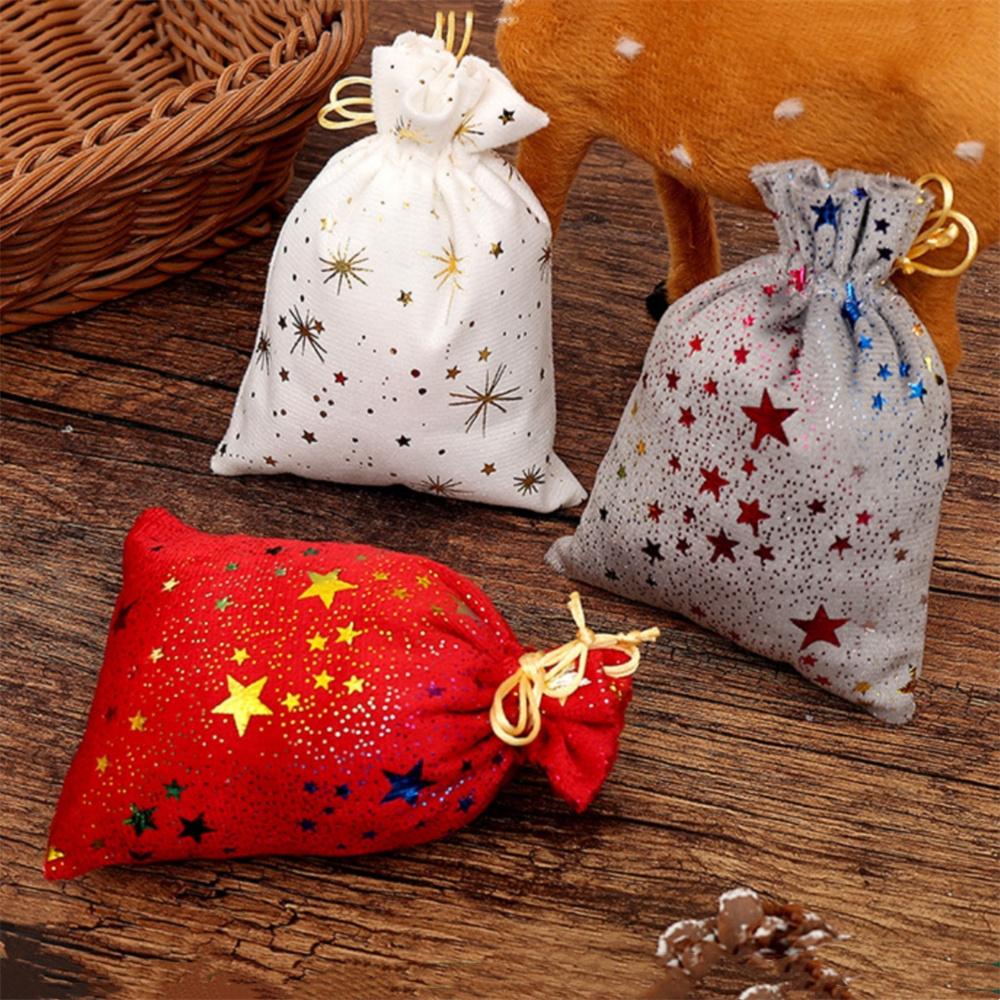 Christmas Cotton Linen Gift Bags Xmas Tree Printed Drawstring Pocket Christmas Party Gift Packaging Jewelry Storage Bags
