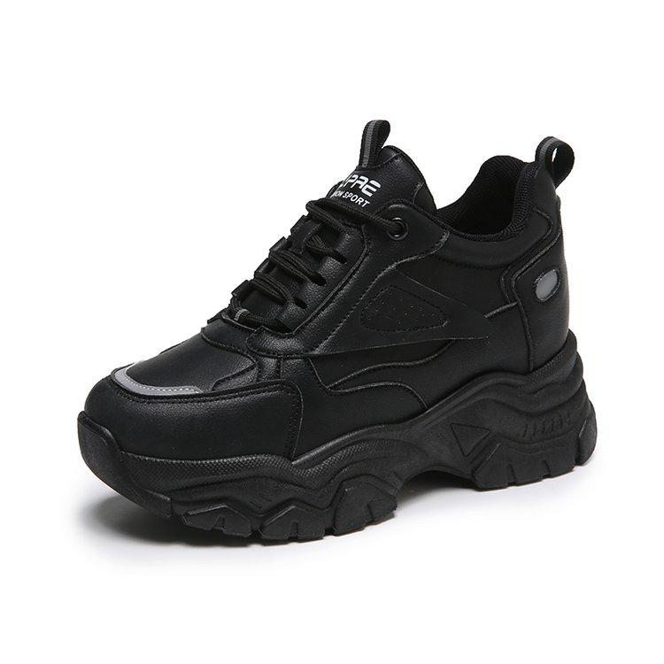 Shoes Women's Spring and Autumn New Leather Sports Casual Shoes Platform-soled Lace-up Student High-heeled Single Shoes
