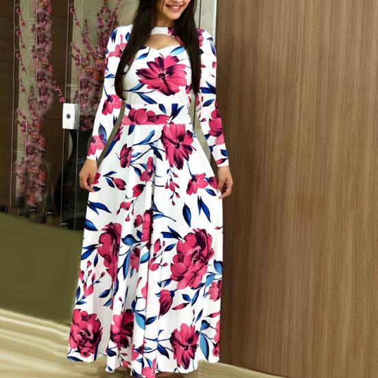 Women Sexy Long Sleeve Floral Print Waist Tight Large Swing Full-length Dress