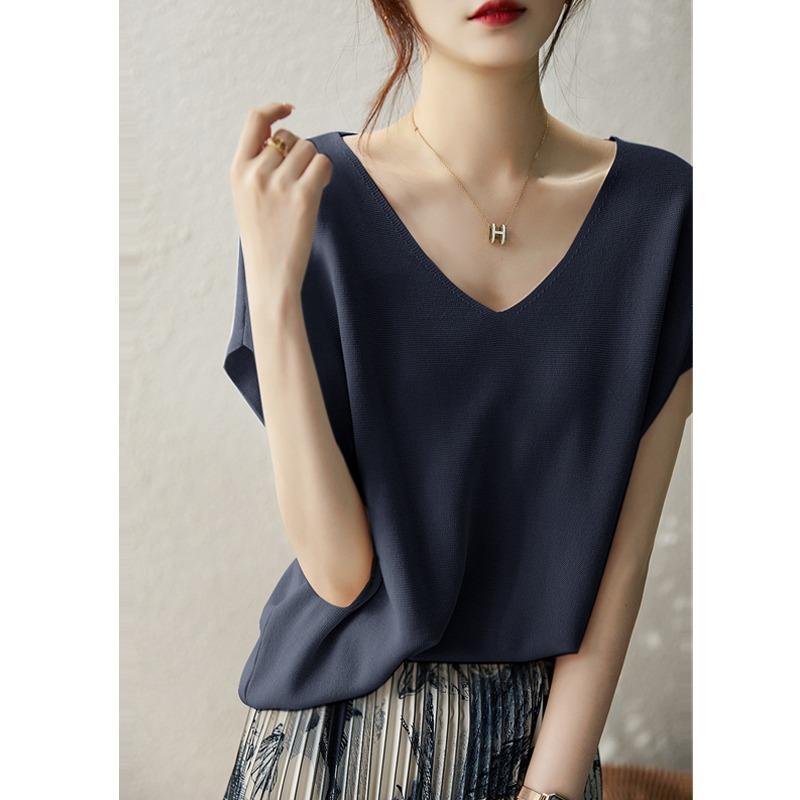 Summer New Thin Fashion Bat Sleeve Casual Loose Knitted Shirt Women Solid Elegant Ice Silk Blouse Women Simple Slim Office Ladies Shirts Tops 26633