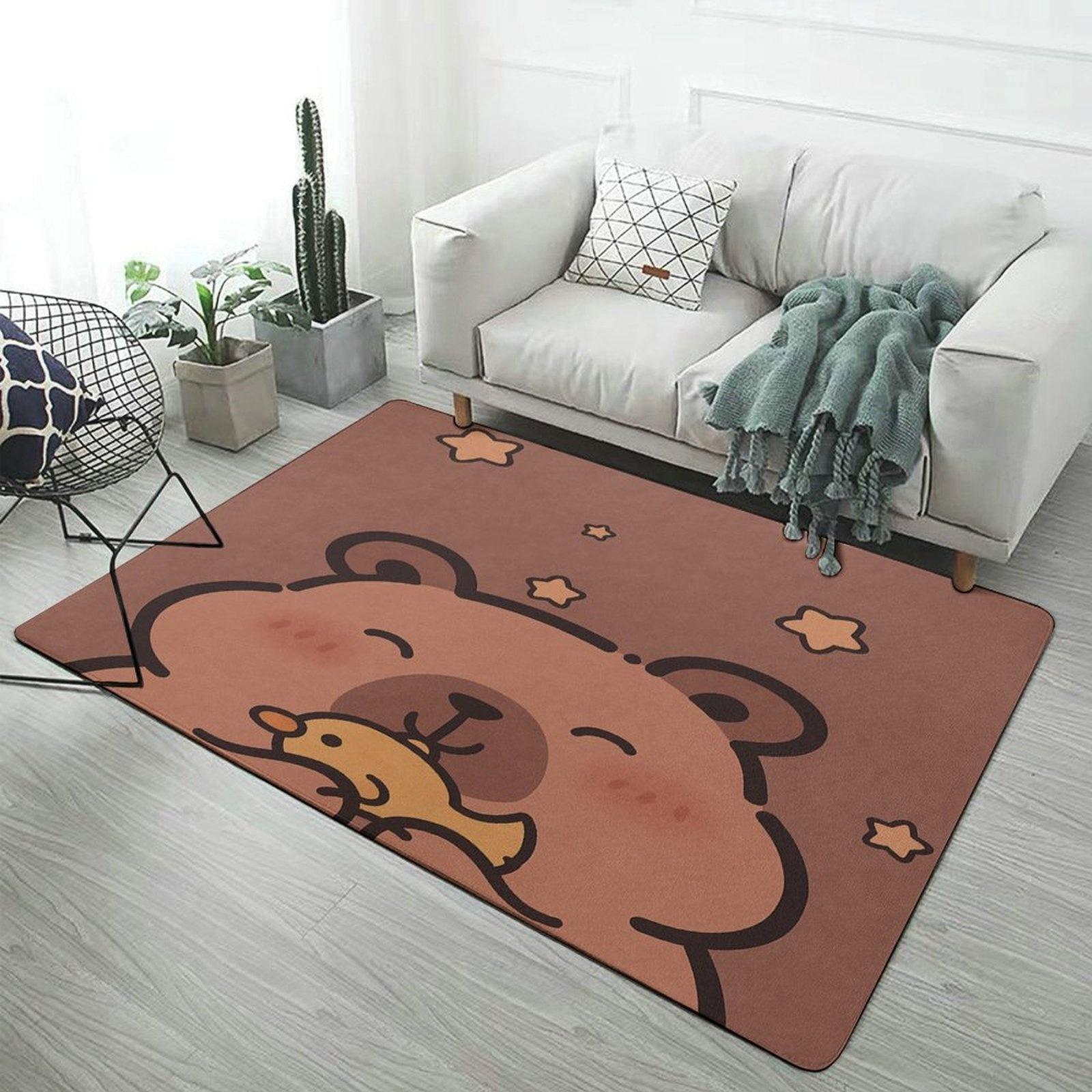 Schattig Cartoon Beer en Vogel Vloerkleed, Bruin Sterrenpatroon Antislip Vloermat, Decoratief Tapijt voor Kinderkamer Crèche Slaapkamer 40x60cm