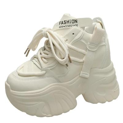 Fashion Women Walking Sneakers Autumn Lace-up High Platform Chunky Shoes Breathable Leather Shoes 10.5CM Winter Wedge Heels Casual Shoes