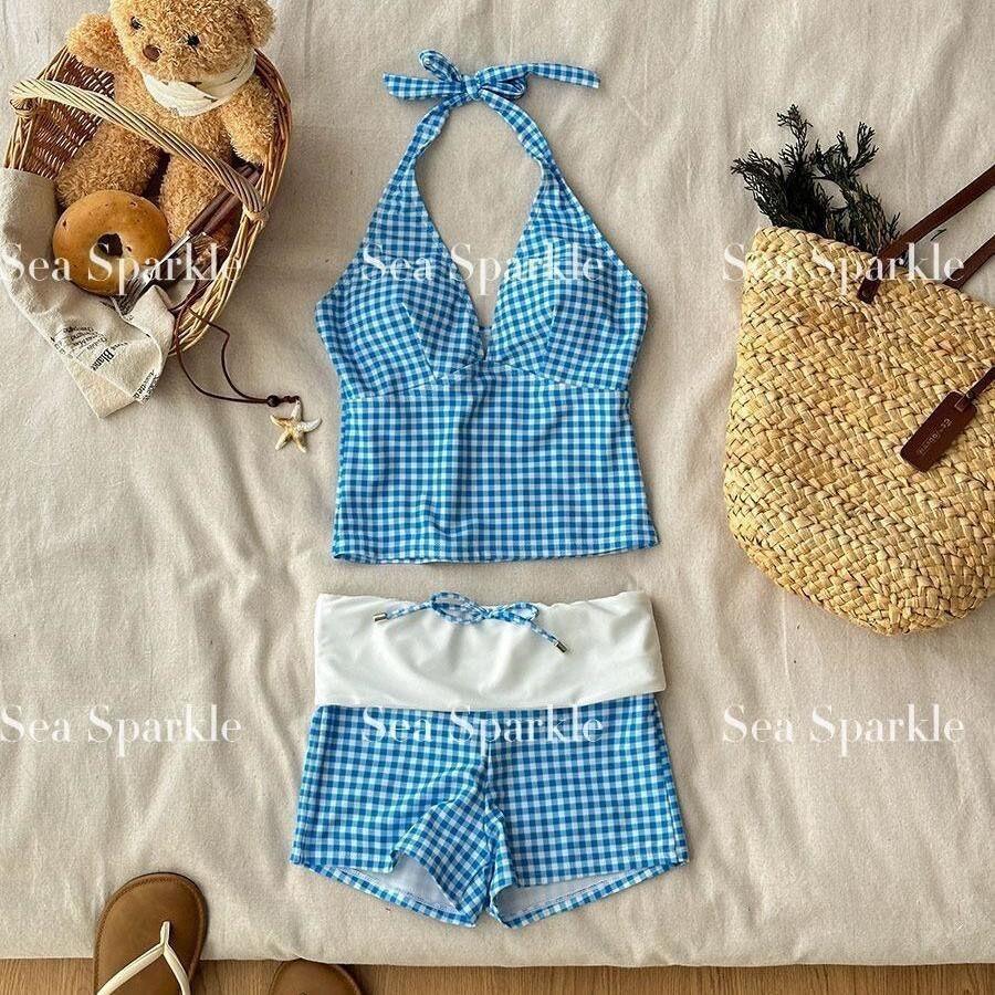 

Conservative Thermal Vacation Bikini Two-Piece Set Sexy Spicy Girl Retro Plaid Swimwear with Floral Quick Dry High Elasticity XL 52.50 kg-60.00 kg