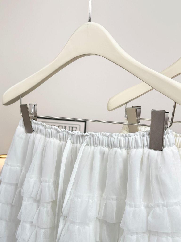 Korean Style Ruffle Mesh Layered Skirt - Women's Puffy Mid Skirt for Spring/Summer
