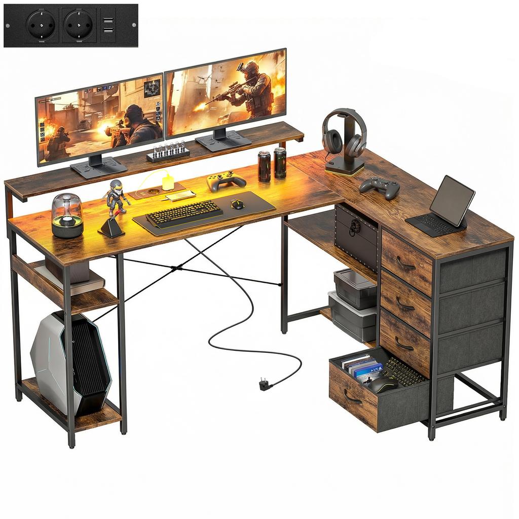 Tavolo da Gioco Scrivania a L con Connessione di Alimentazione Illuminazione LED 4 Cassetti Supporto Monitor 155x110x91.4 cm Marrone