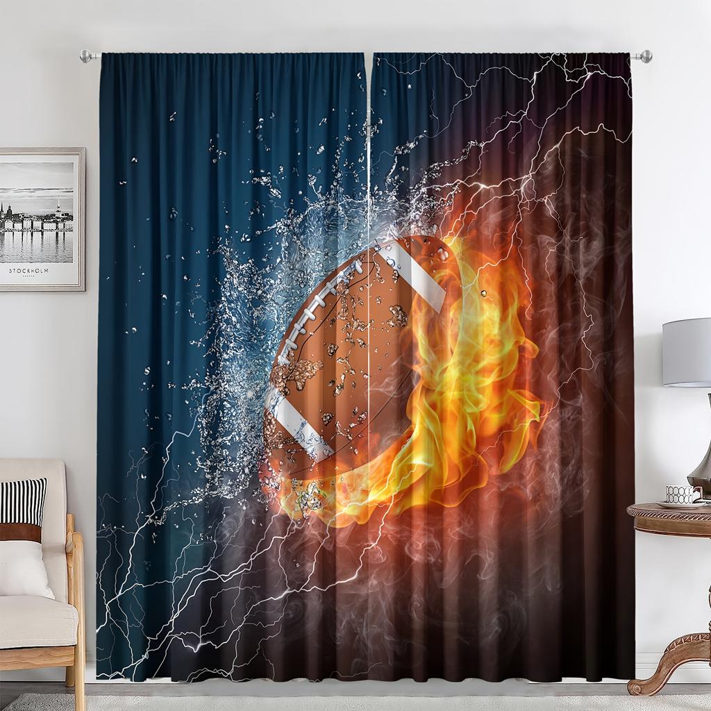2 Panels Sports Curtains Rod Pocket Abstract Flame Basketball Theme Wall Decor Teens Bedroom Men Cool 3D Ball Art Printed Drapes