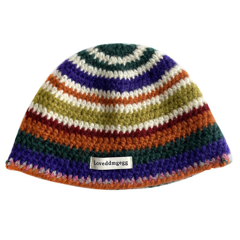 My Extreme Outdoor Activities Women's Japanese Handmade Crochet Colorful Striped Fisherman Hat Spring Autumn Retro Versatile Dome Fashion Short Brim Bucket Cap