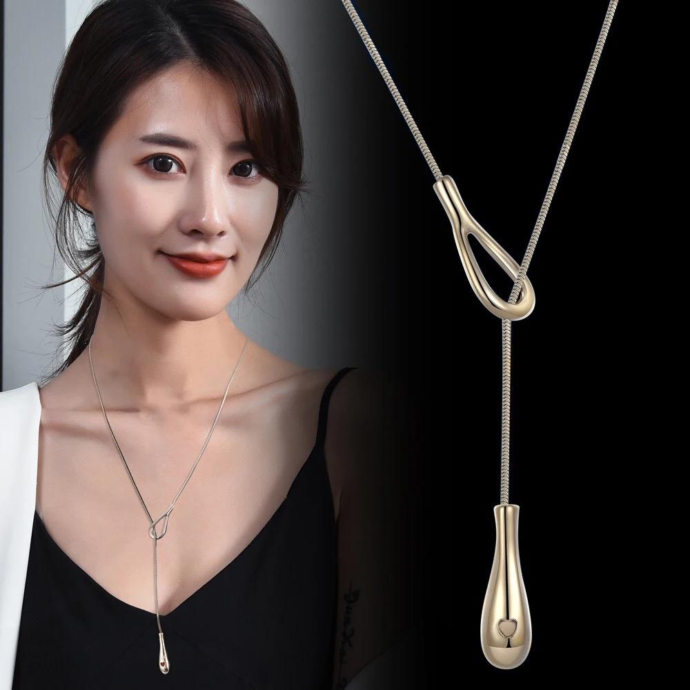 Water Drop Pull Type Long Necklace for Women New Advanced Collarbone Chain Accessory Sweater Chain Jewelry