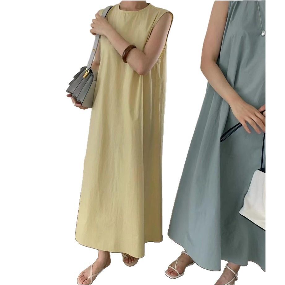 Korean chic summer simple temperament round neck solid color loose casual knee long sleeveless vest dress women