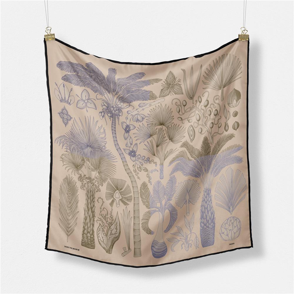 53cm Twill Silk Scarf Woman Palm Tree Painting Square Scarves Wraps Bandana Small Hijab Silk Foulards Tie Headband Neckerchief