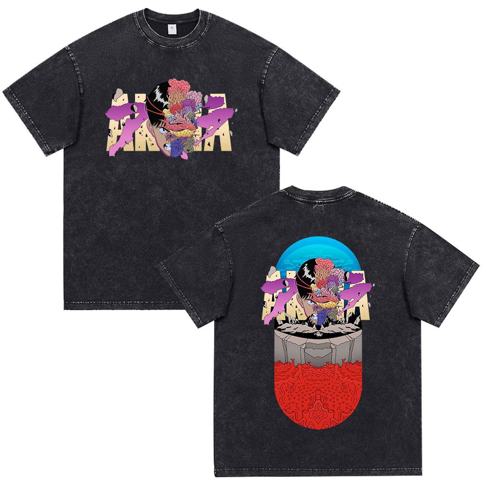 Anime Akira Vintage Washed T Shirt 90s Science Fiction Movie Shotaro Kaneda Short Sleeve T Shirts Cotton Casual Loose T-shirts