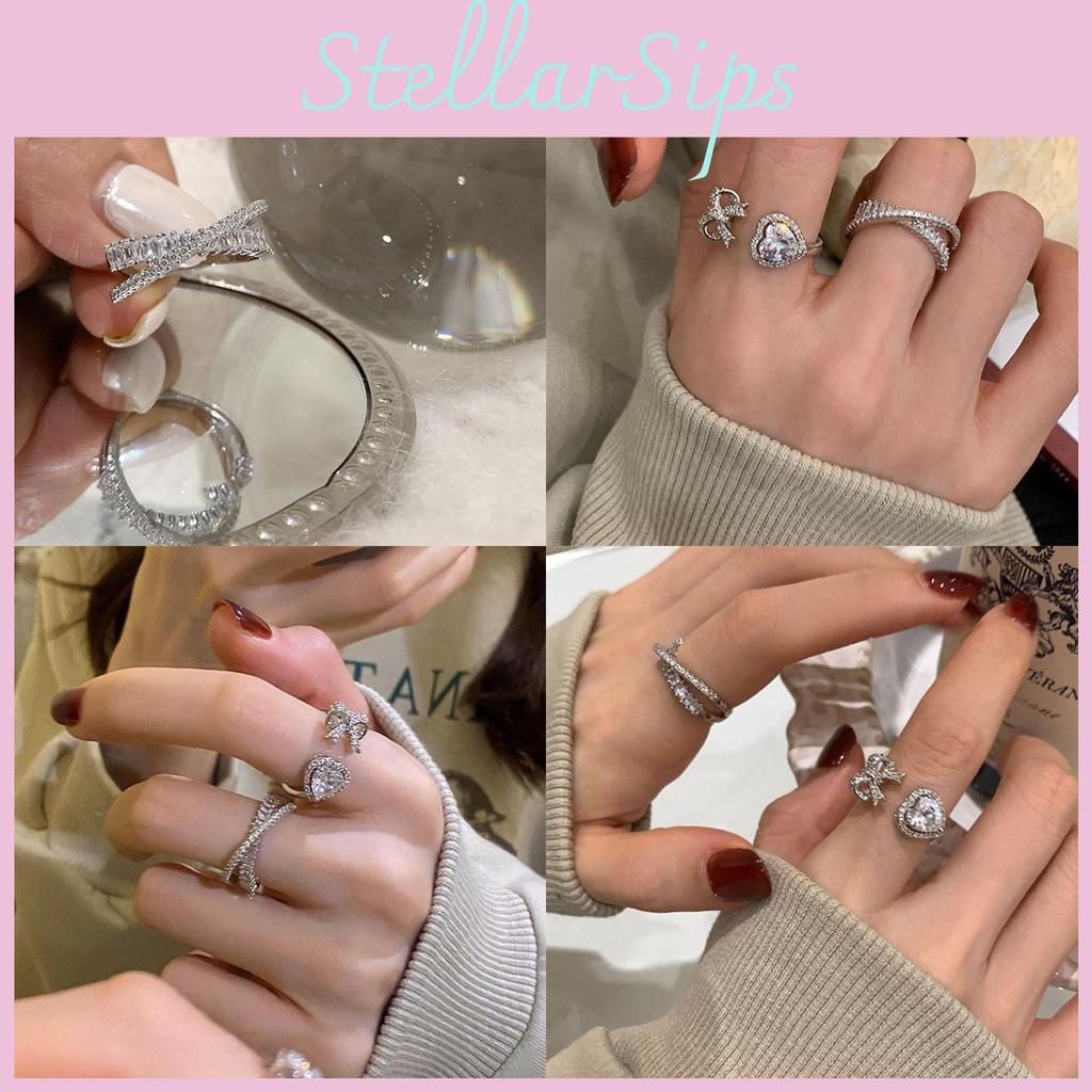 Unique Adjustable Heart Bow Zircon Ring For Women Stylish Copper Geometric Design Autumn