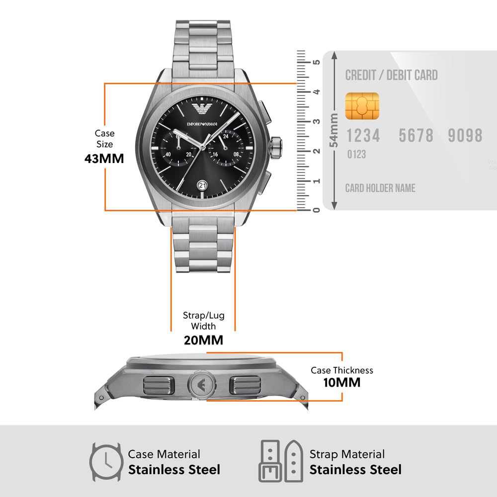 Emporio Armani Men's Chronograph Movement Stainless Steel Watch, 43mm Case, Silver, Modern Design