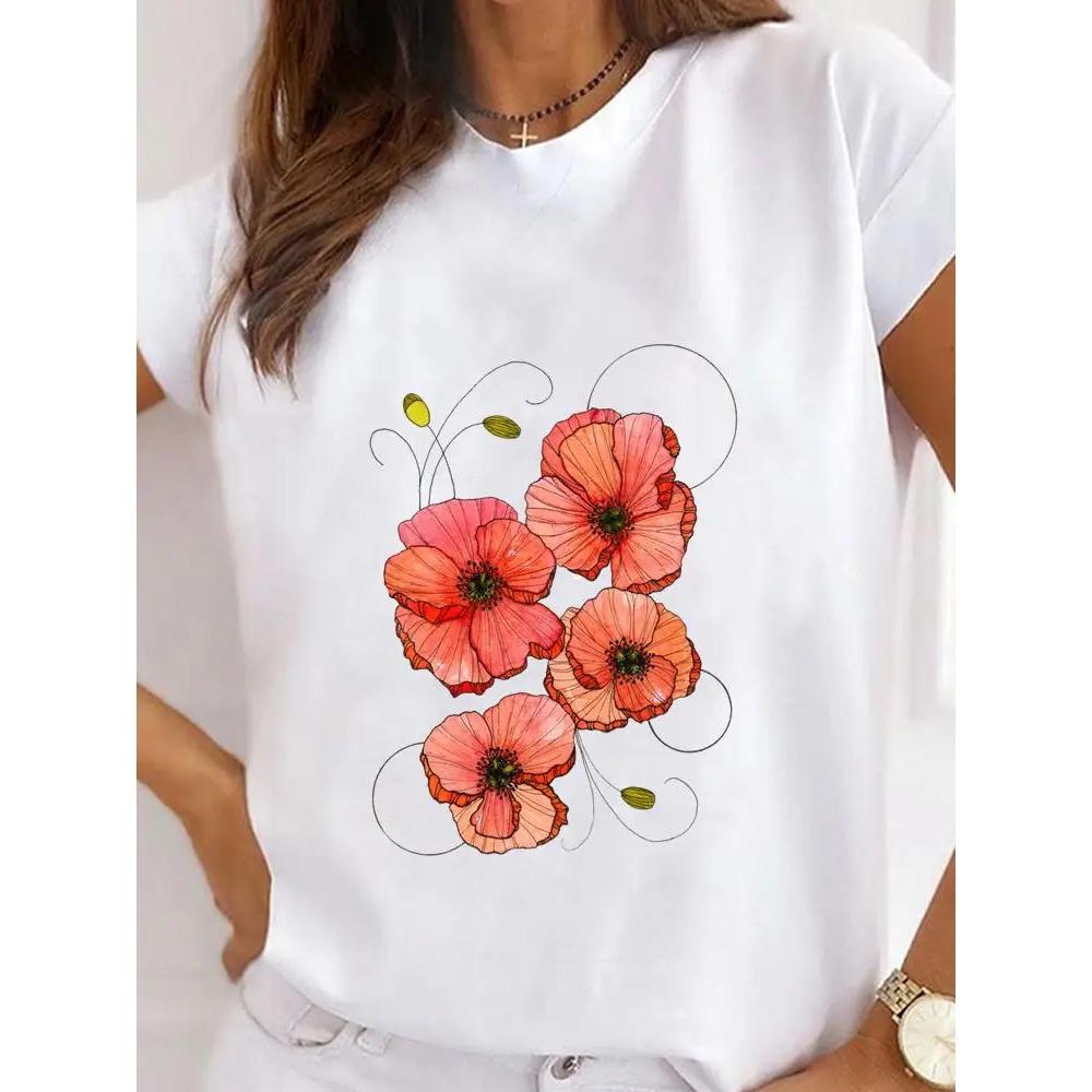 Summer Round Neck Love Flower Butterfly and Bee Pattern 3D Print Top Fashionable Casual Short Sleeved Women's T-shirts