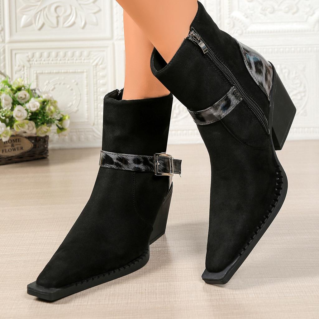Leopard Print Thick Heel Pointed Toe Buckle Boots for Women Autumn 2025 New Side Zipper Retro High-heeled Short Boots