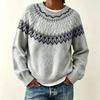 Womens Oversized Crewneck Knit Sweater With Fair Isle Colorblock Soft Acrylic Blend Loose Fit Winter