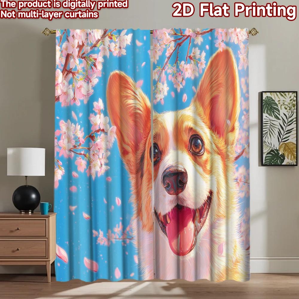 2D flat printing 2pcs Window Drapes Corgi Cherry Blossom Happiness Digital Printed Polyester Drapes Holiday Decorations for