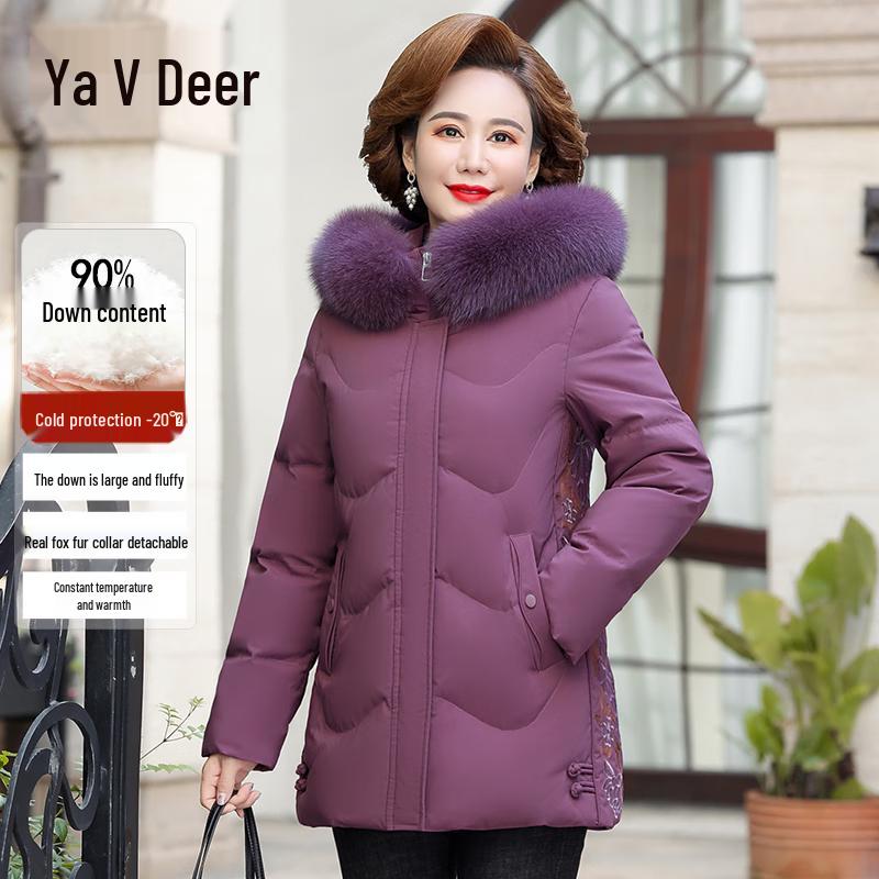 

Женский пуховик Yalu средней длины с воротником из лисьего меха и вышивкой 4XL