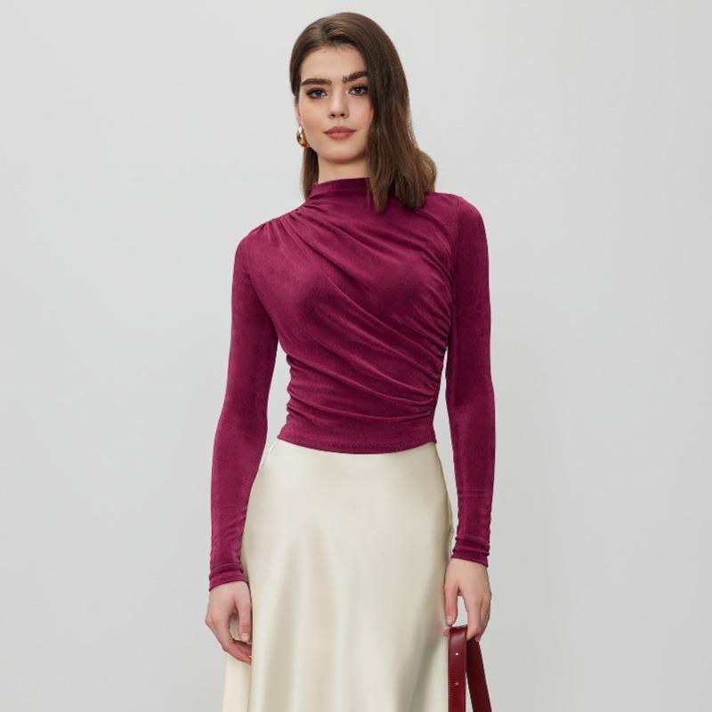 Autumn and Winter Slim Pullover Half High Neck Velvet Pleated Long Sleeve Top