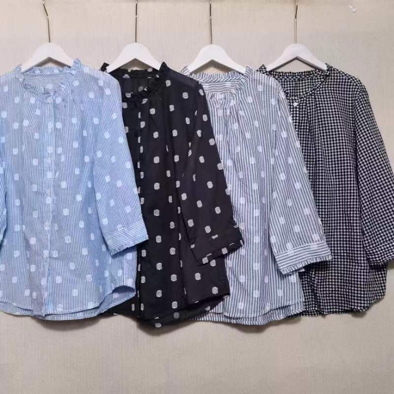 Leftover Stock Pure Cotton Stand Collar Open Shirt Women's Three-Quarter Sleeve Casual Easiest for Match Stringy Selvedge Shirt Sun Protection Summer