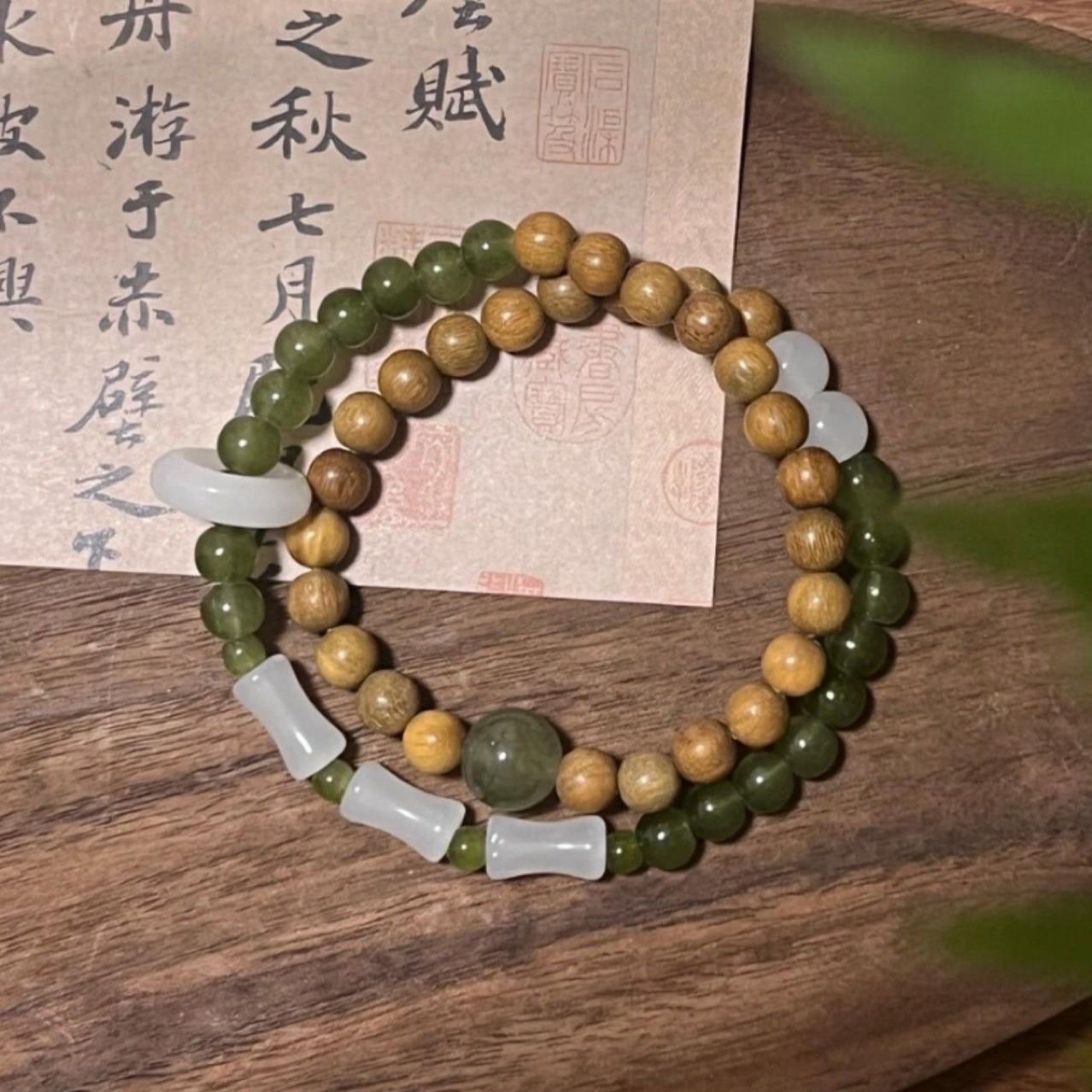 Double-loop Sandalwood Bracelet, Bamboo Joint Design, New Chinese Style