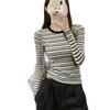 Spring Autumn Winter Retro Color Block Stripe Long Sleeve Top Women Daily Commute Slim Versatile Tee