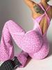 Women's leopard print jumpsuit flared pants, snug and comfortable, with printed shoulder straps and slanted back jumpsuit flared pants.