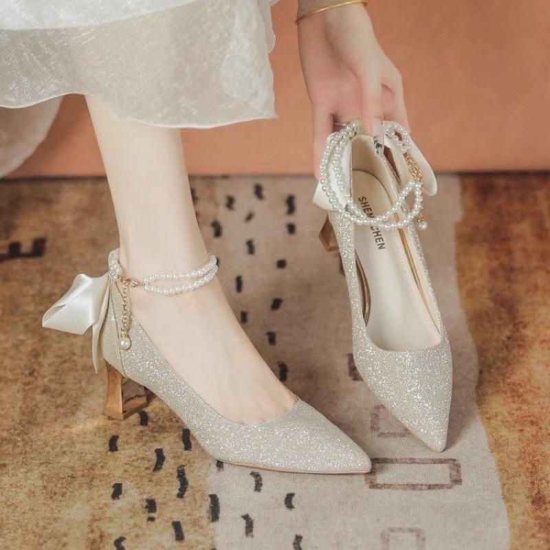 Fashion 2024 New Summer Outdoor Shallow Mouth Women's Shoes Butterfly Knot Pointed Toe Open Toe High Heels Dress Party Women Shoes