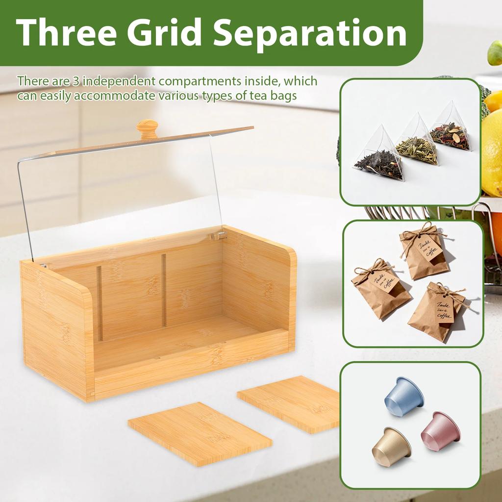 Bamboo Tea Bag Storage Box with Clear Lid 3 Compartments Multifunctional Coffee Tea Box Organizer Sugar Container