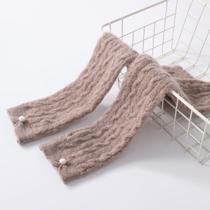 Women's 100% Cashmere Half-Finger Gloves – Pearl-Knit Detailing, Thick Warm Long Twisted Pattern for Winter Fashion