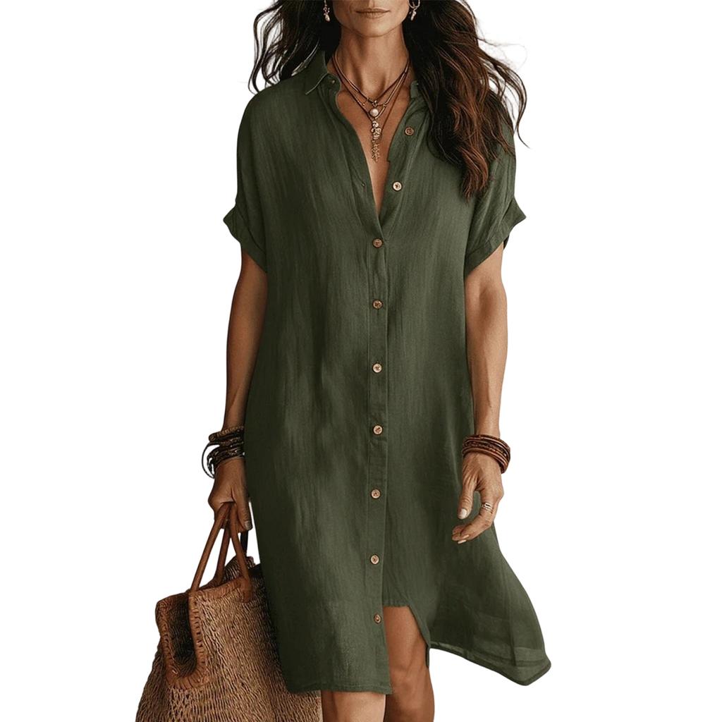 Women’s Casual Short Sleeve Button Down Midi Dress Loose Fit Shirt Dress with Turn Down Collar for Daily Wear