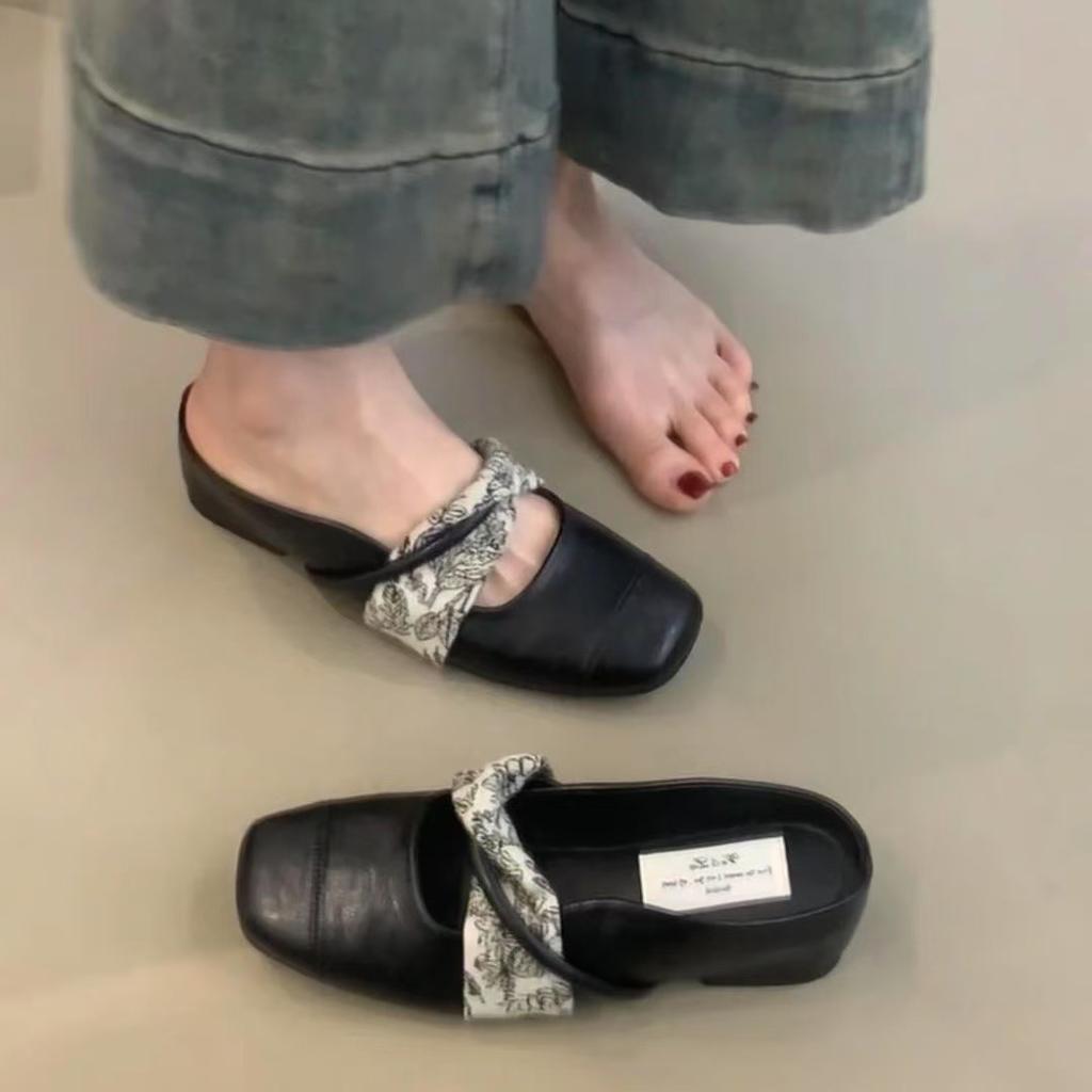 Inner height increase square head single shoes women's 2025 new leather one-word with shallow mouth bag head half drag sandals women's outer wear sum