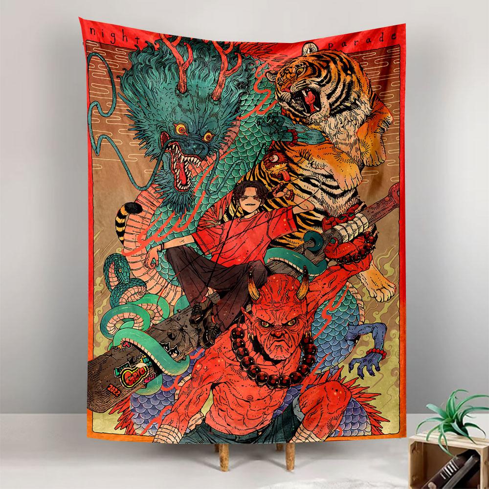 Night Parade Tapestry Wall Hanging, Japanese Yokai Festival Art, Oriental Wall Decor for Bedroom Living Room Dorm