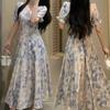 Large size women's summer fat mm retro French long skirt vacation style square collar blue oil painting knee floral dress