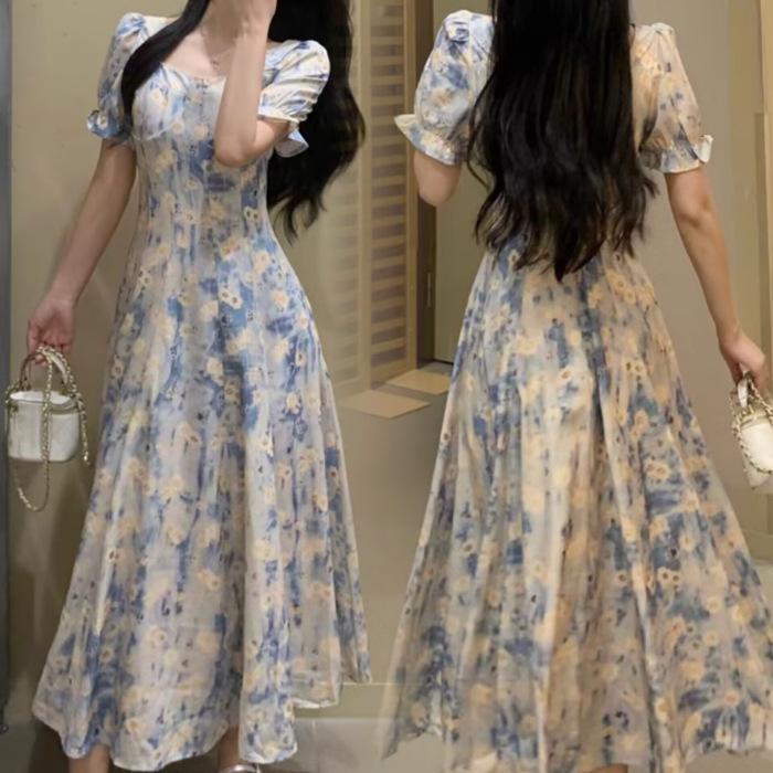 Large size women's summer fat mm retro French long skirt vacation style square collar blue oil painting knee floral dress