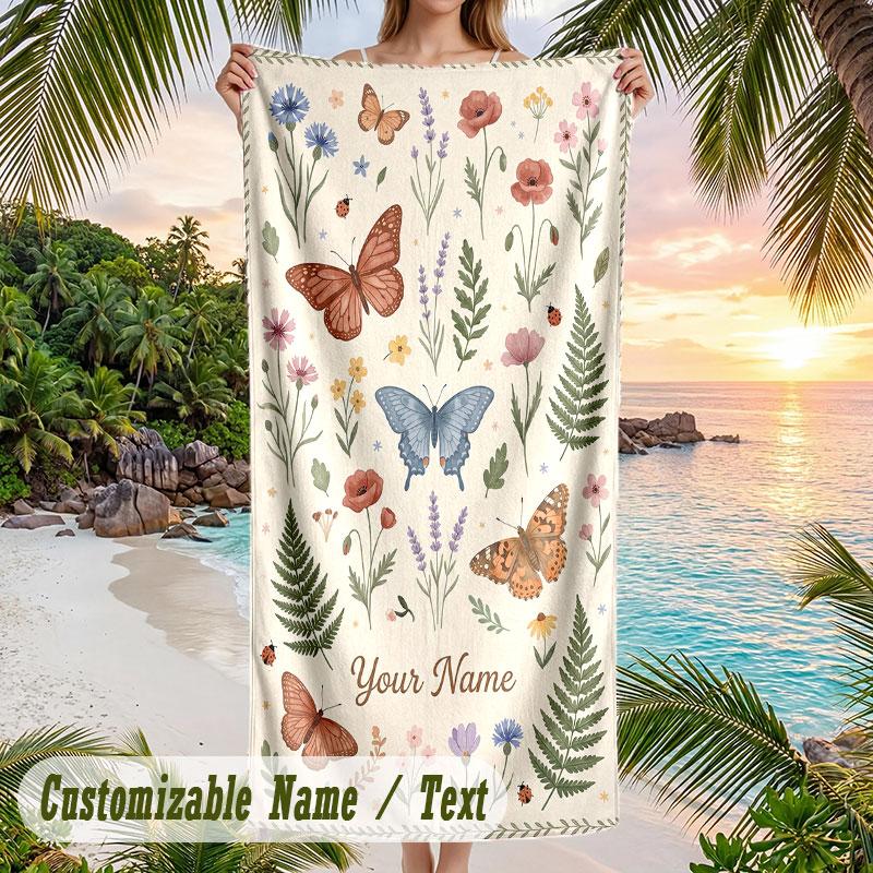 Butterflies Flowers Garden 5 Theme Quick Dry Beach Towel Custom Name Text Print Large Sand Resistant Towel Beach Vacation