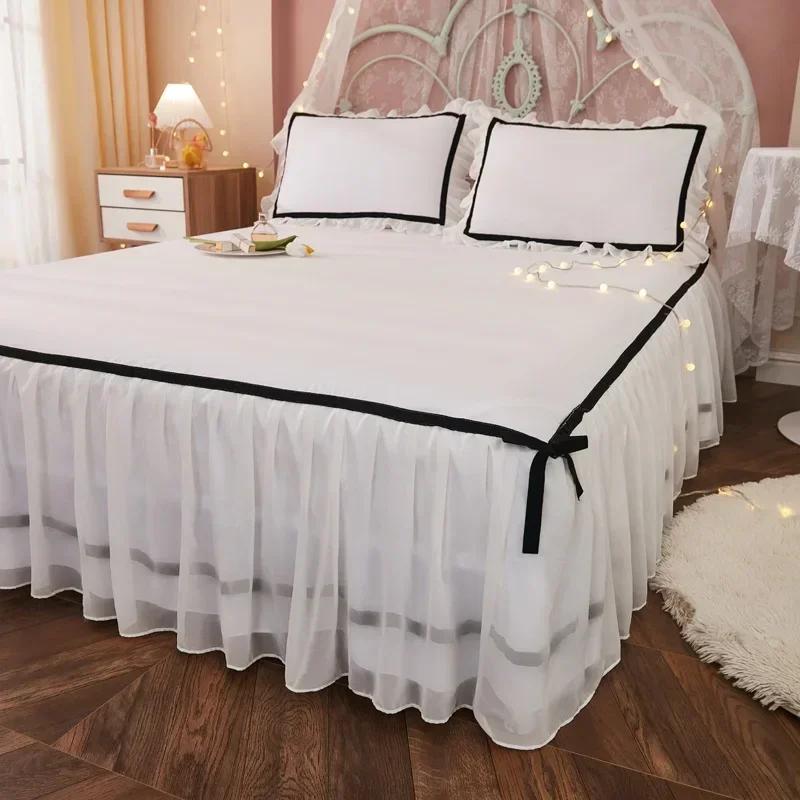 Vintage Style Bow Tie Bed Skirt Solid Minimalist Chiffon Lace Bedspread Little Fresh Mattress Protector Sheet